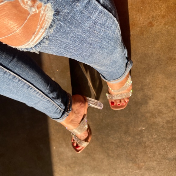 Nude Double Strap Blinged Lucite Heels - Picture 8 of 10